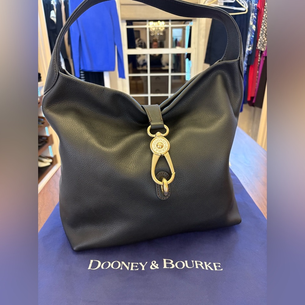 DOONEY & BOURKE Black Pebble Leather Hobo Bag Brass Hardware Lucca Logo Lock EUC